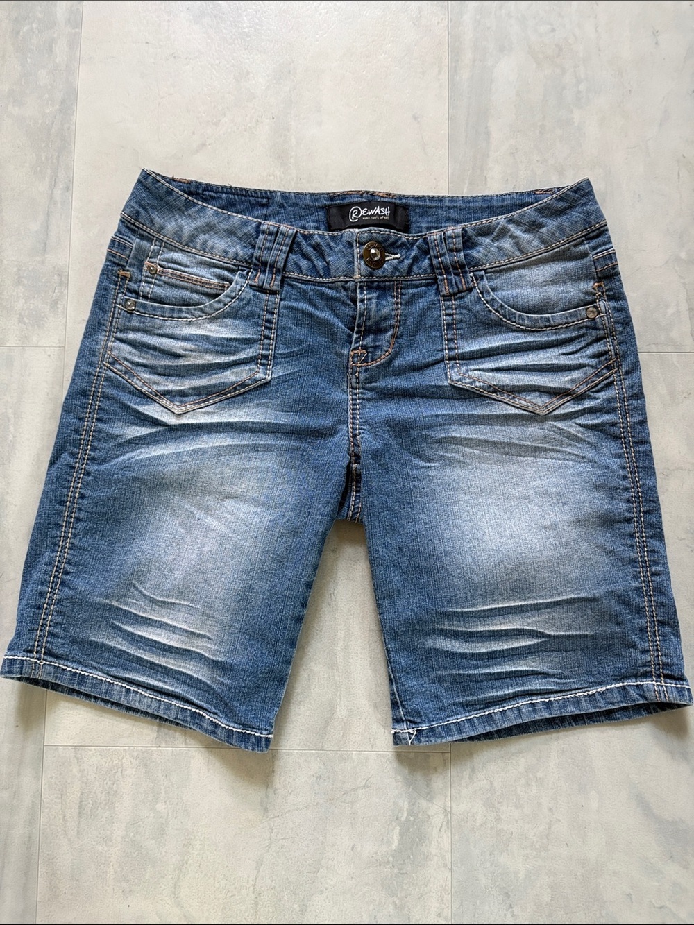 Rewash Blue Faded whiskered stretch Denim Bermuda Shorts/rhinestone studs decor